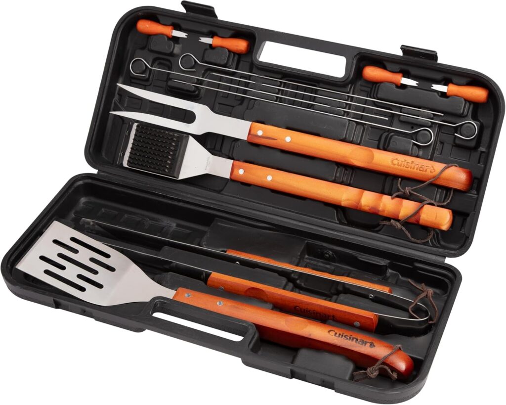 Cuisinart 13-Piece Wooden Grill Tool Set, BBQ Accessories and Grill Tools, Durable Stainless-Steel Utensils with Recycled Plastic Case, Spatula, Tongs, Cleaning Brush  More, Grilling Gifts for Men