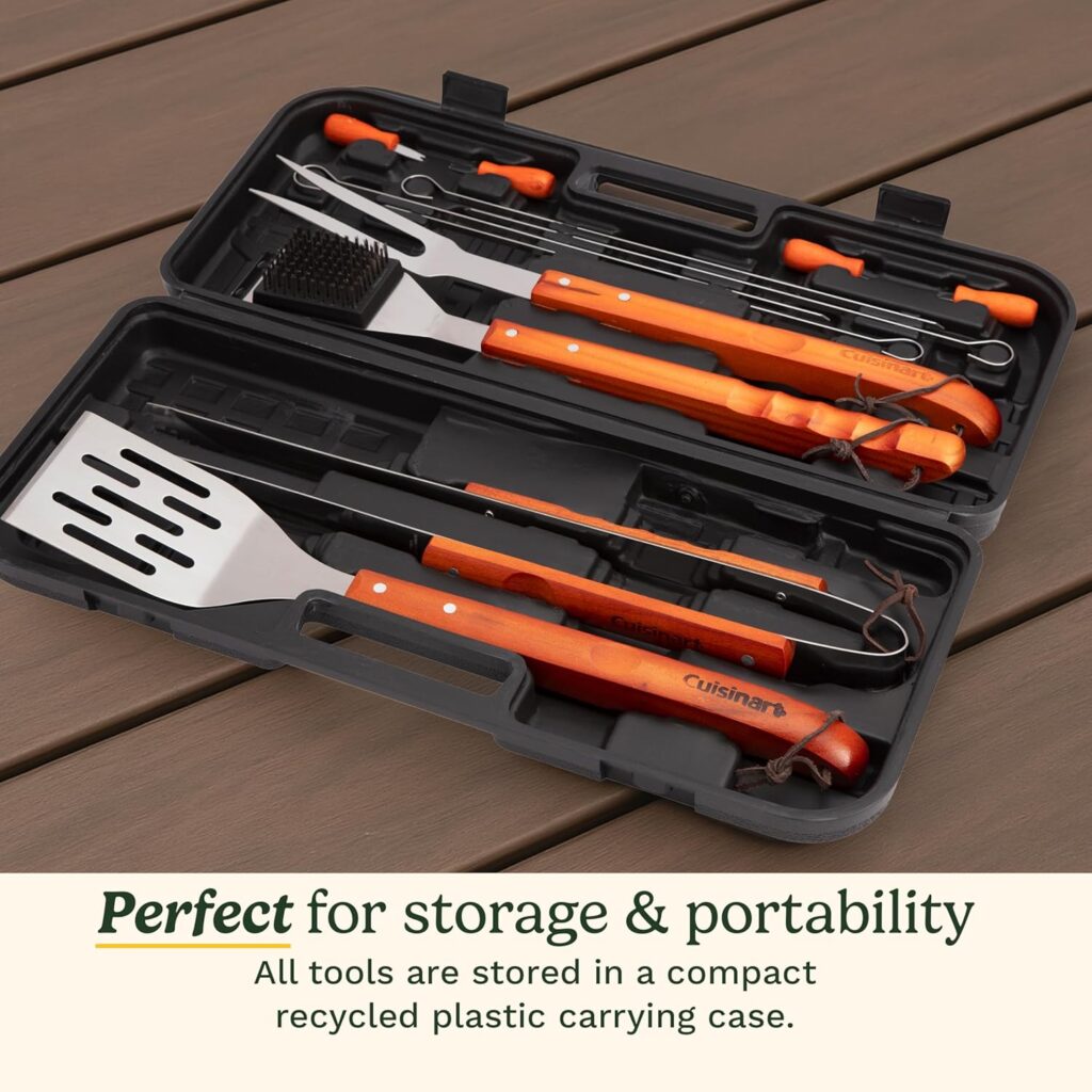 Cuisinart 13-Piece Wooden Grill Tool Set, BBQ Accessories and Grill Tools, Durable Stainless-Steel Utensils with Recycled Plastic Case, Spatula, Tongs, Cleaning Brush  More, Grilling Gifts for Men