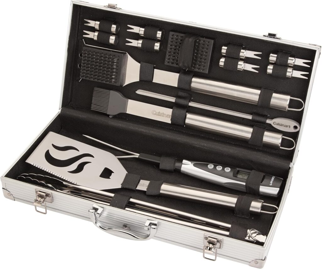 Cuisinart Deluxe Grill Tool Set, 20-Piece Grill Tools BBQ Accessories with Aluminum Case  Digital Temperature Fork, Spatula, Tongs, Stainless Steel Grilling Accessories, Grilling Set for BBQ