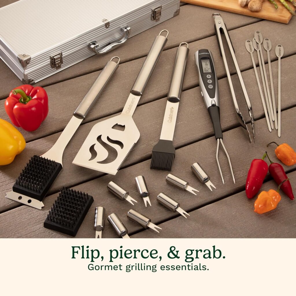 Cuisinart Deluxe Grill Tool Set, 20-Piece Grill Tools BBQ Accessories with Aluminum Case  Digital Temperature Fork, Spatula, Tongs, Stainless Steel Grilling Accessories, Grilling Set for BBQ