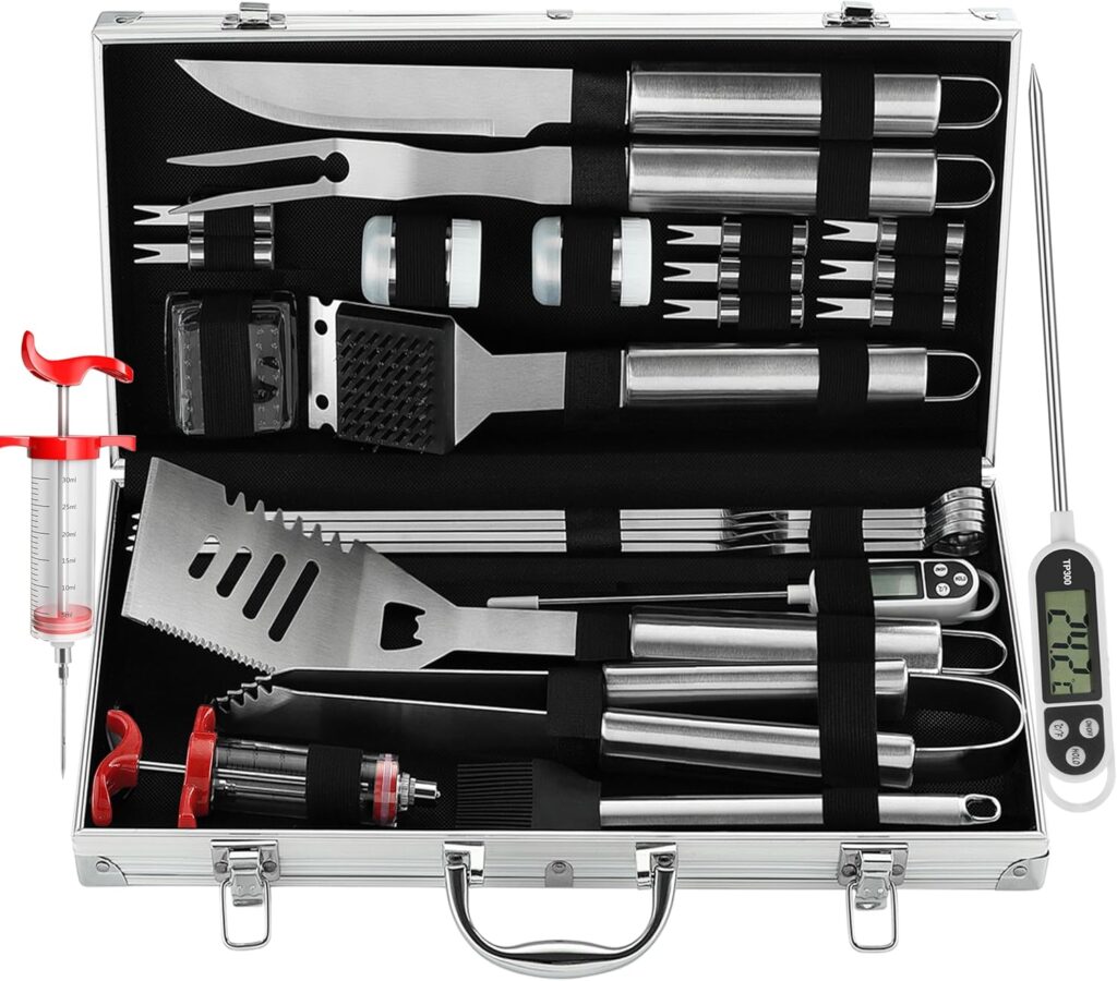 Grilljoy 24PCS BBQ Grill Tools Set with Meat Thermometer and Injector - Extra Thick Stainless Steel Fork, Spatula Tongs - Complete BBQ Accessories in Aluminum Case - Perfect Grill Gifts for Men