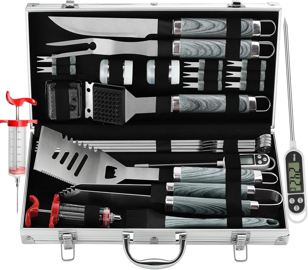 Grilljoy 24PCS BBQ Grill Tools Set with Meat Thermometer and Injector - Extra Thick Stainless Steel Fork, Spatula Tongs - Complete BBQ Accessories in Aluminum Case - Perfect Grill Gifts for Men