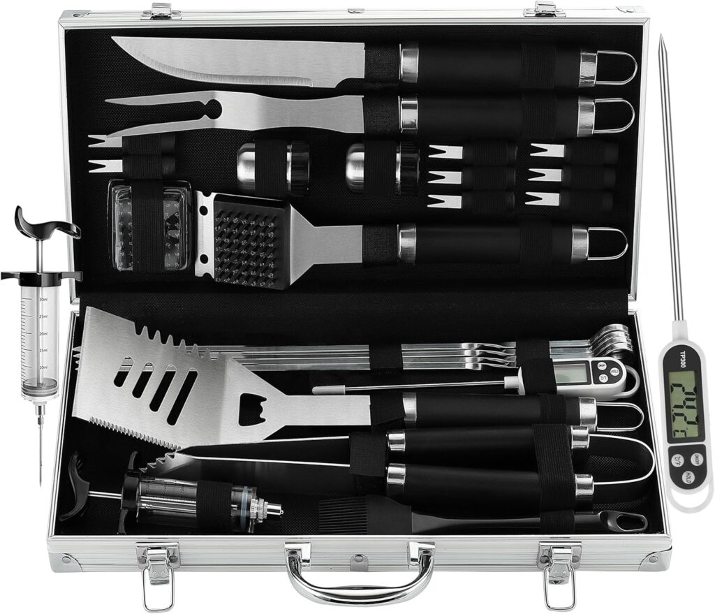 Grilljoy 24PCS BBQ Grill Tools Set with Meat Thermometer and Injector - Extra Thick Stainless Steel Fork, Spatula Tongs - Complete BBQ Accessories in Aluminum Case - Perfect Grill Gifts for Men