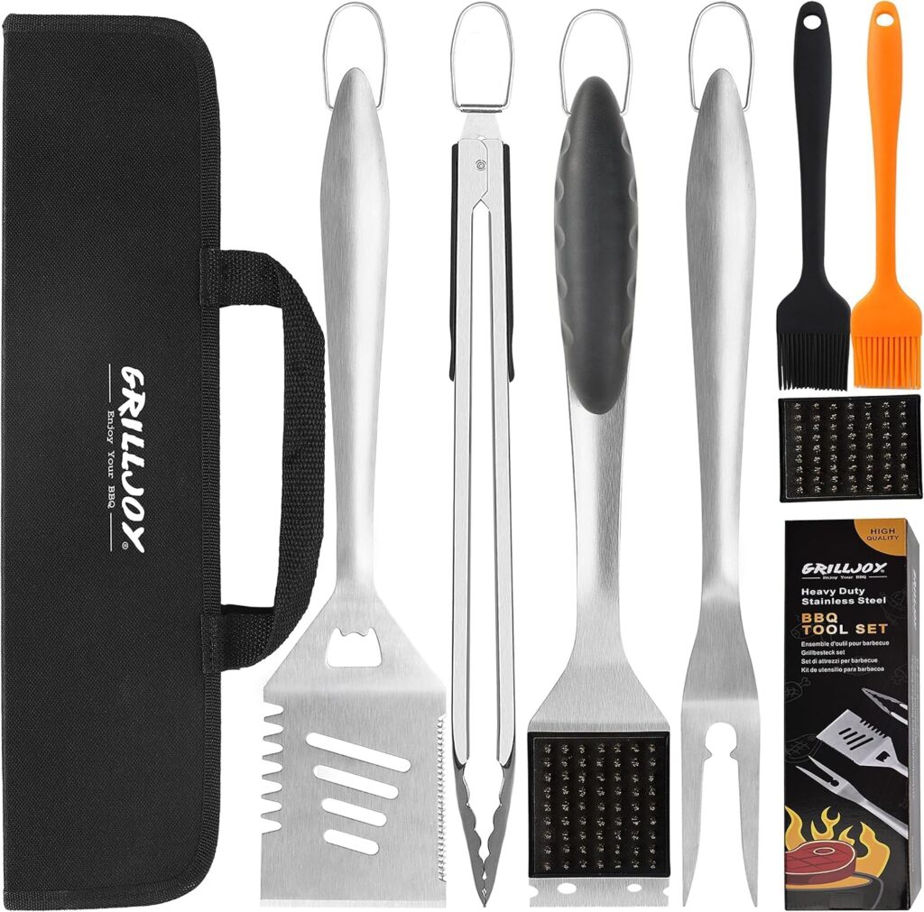 grilljoy 8PCS BBQ Grill Tools Set with Extra Thick Stainless Steel Spatula, Fork, Tongs  Cleaning Brush - Complete Barbecue Accessories Kit with Portable Bag - Perfect Grill Gifts for Men Black