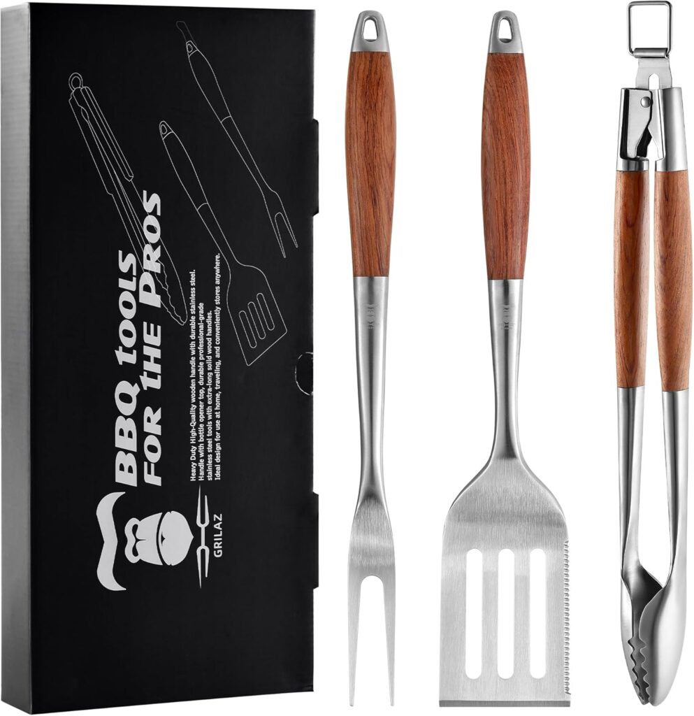 Heavy-Duty Rose Wooden BBQ Grilling Tools Set. Extra Thick Stainless Steel Multi-Function Spatula, Fork  Tongs | Essential Accessories for Barbecue  Grill. Ideal Gift for Father…