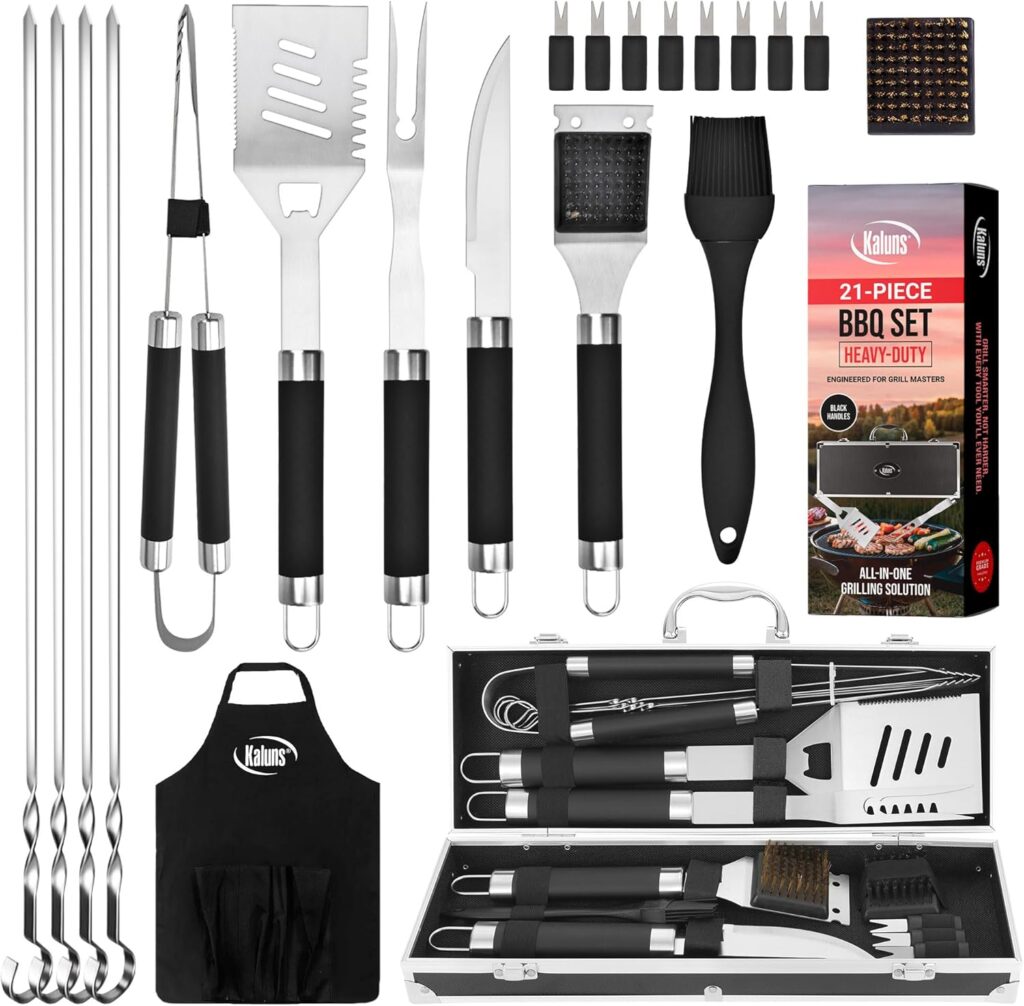 Kaluns Grilling Accessories, Gifts for Men Christmas Grilling Gifts for Dad, Heavy Duty Stainless Steel BBQ Grill Tools Set for Outdoor Grill with Aluminum Case and Apron, Birthday Gifts for Men Dad