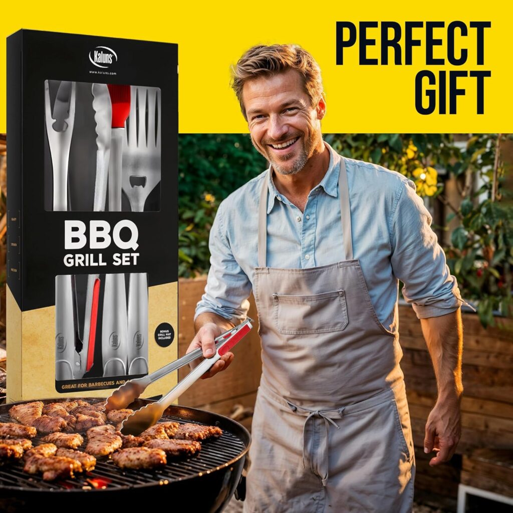 Kaluns Grilling Accessories, Gifts for Men Christmas Grilling Gifts for Dad, Heavy Duty Stainless Steel BBQ Grill Tools Set for Outdoor Grill with Aluminum Case and Apron, Birthday Gifts for Men Dad