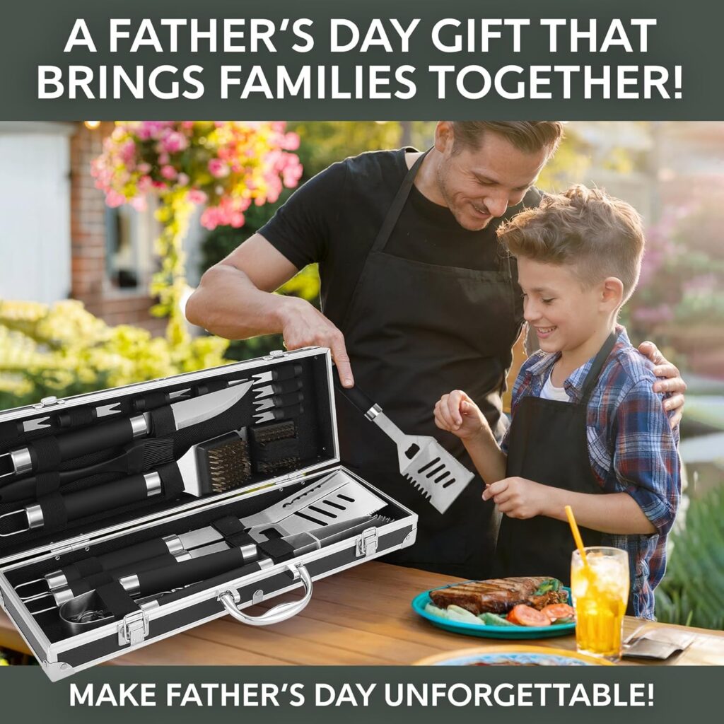 Kaluns Grilling Accessories, Gifts for Men Christmas Grilling Gifts for Dad, Heavy Duty Stainless Steel BBQ Grill Tools Set for Outdoor Grill with Aluminum Case and Apron, Birthday Gifts for Men Dad