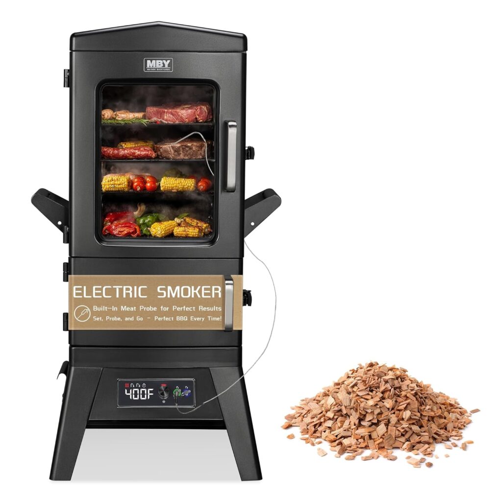 Large Vertical Electric Smoker Grill – 633 sq in | 4-Rack BBQ Smoker with Built-in Meat Probe, Wood Chip Loader Weather-Resistant Cover – Perfect for Steak, Fish, Ribs (Black)