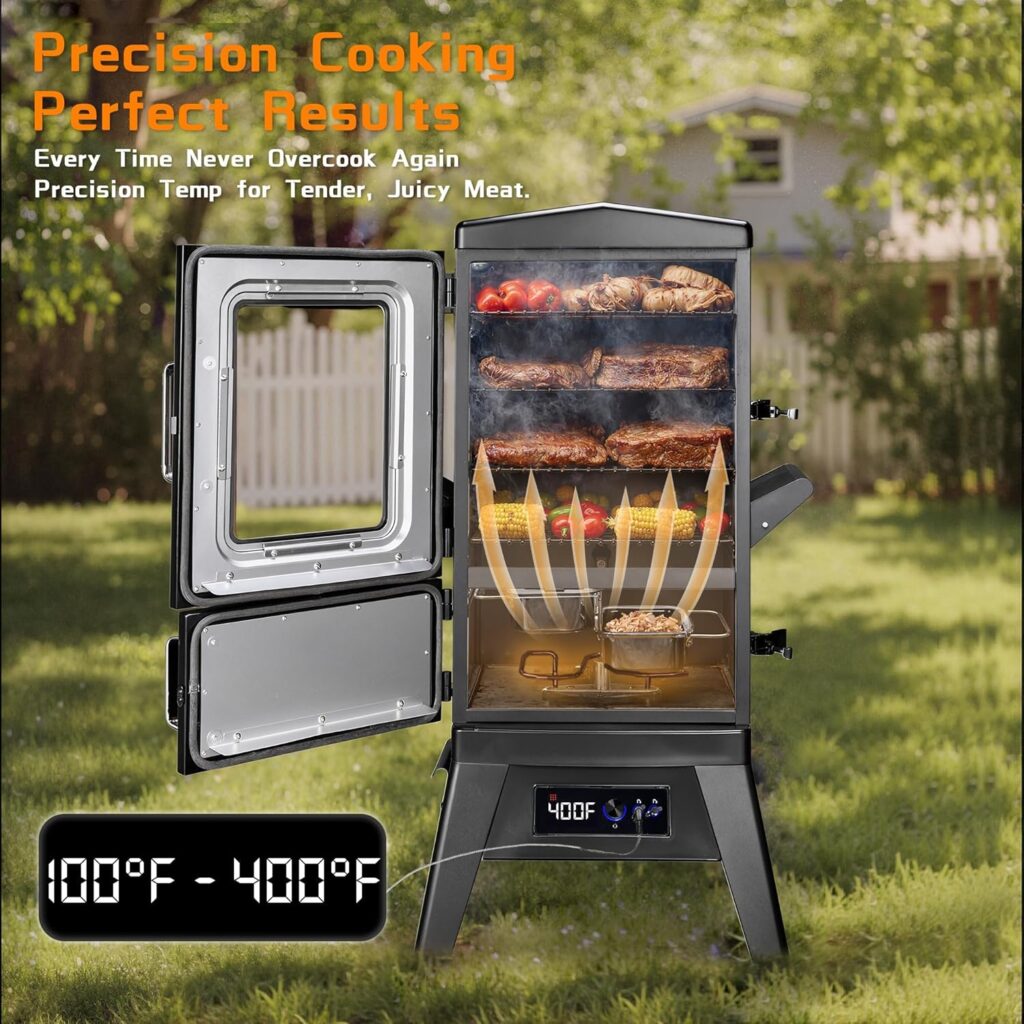 Large Vertical Electric Smoker Grill – 633 sq in | 4-Rack BBQ Smoker with Built-in Meat Probe, Wood Chip Loader Weather-Resistant Cover – Perfect for Steak, Fish, Ribs (Black)