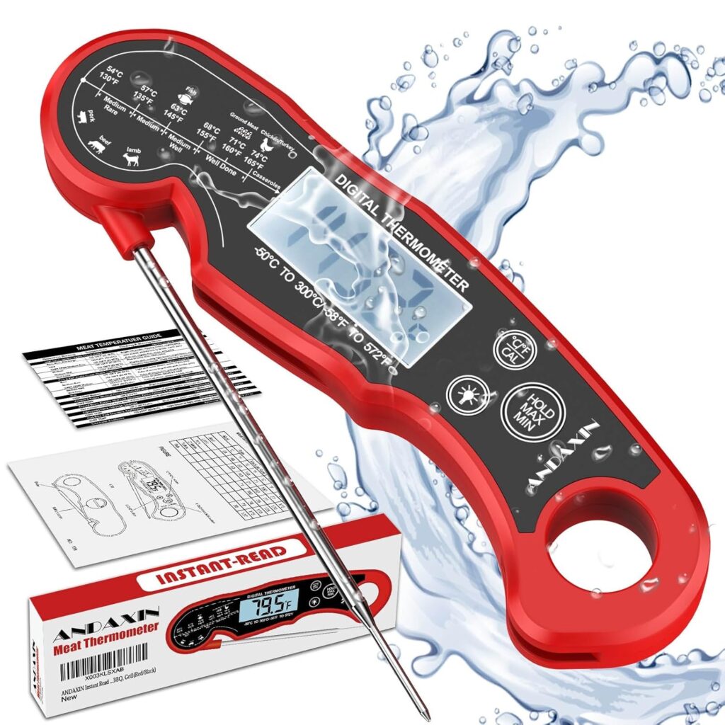 Meat Thermometer Digital for Grilling and Cooking - ANDAXIN Waterproof Ultra-Fast Instant Read Food thermometers with Backlight  Calibration for Kitchen, Deep Fry, BBQ, Grill(Red/Black), LCD