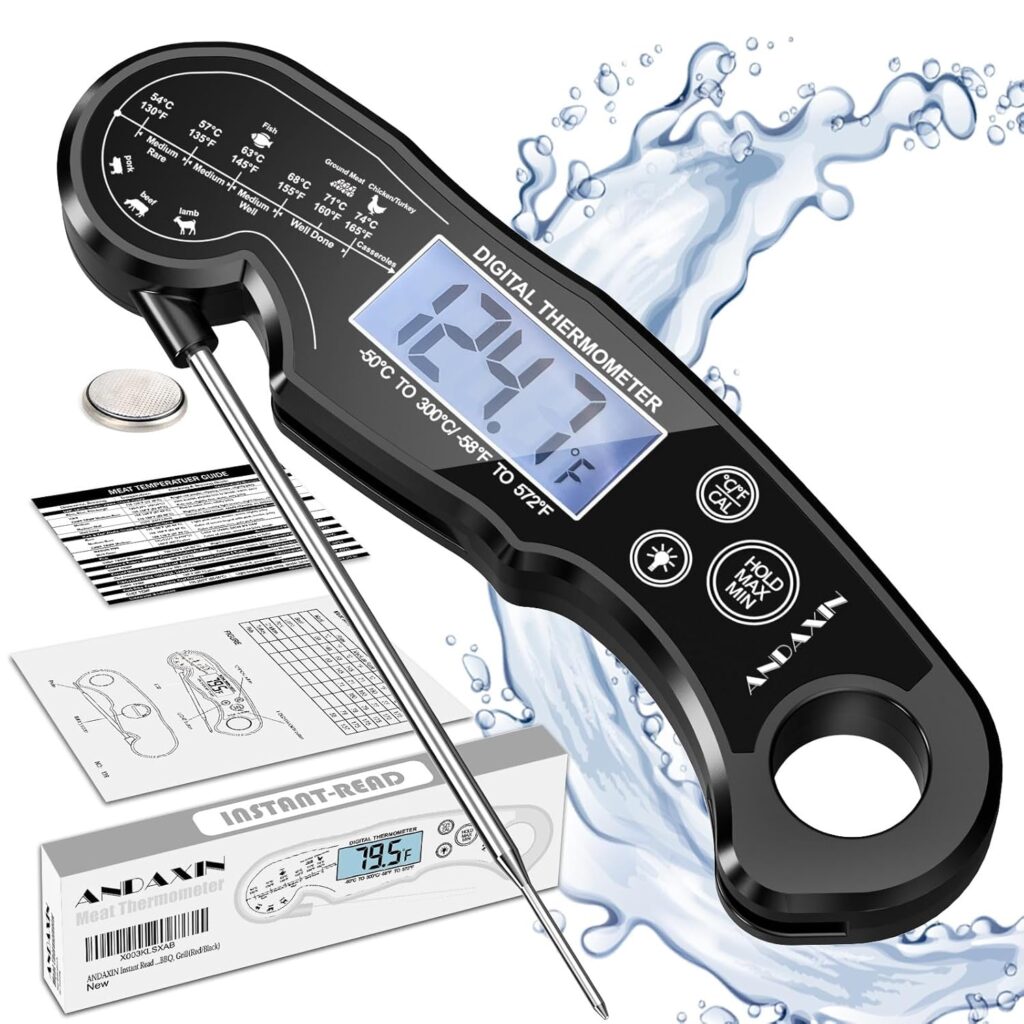 Meat Thermometer Digital for Grilling and Cooking - ANDAXIN Waterproof Ultra-Fast Instant Read Food thermometers with Backlight  Calibration for Kitchen, Deep Fry, BBQ, Grill(Red/Black), LCD