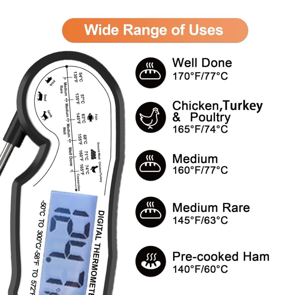 Meat Thermometer Digital for Grilling and Cooking - ANDAXIN Waterproof Ultra-Fast Instant Read Food thermometers with Backlight  Calibration for Kitchen, Deep Fry, BBQ, Grill(Red/Black), LCD