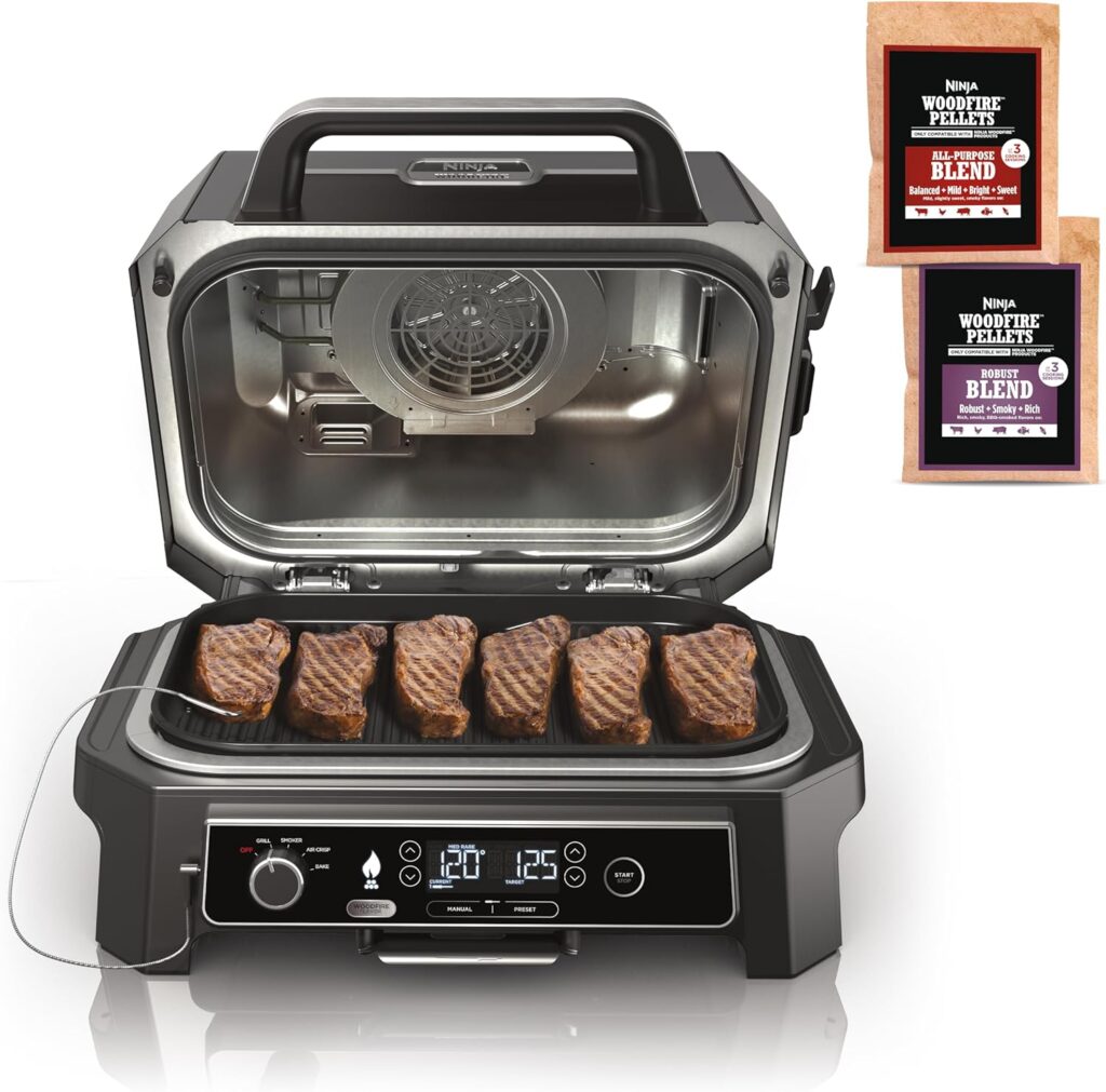 Ninja | Grill  Smoker | Outdoor Woodfire Pro XL | 4 in 1 Grill, BBQ Smoker, Air Fryer  Bake | Portable | Includes Built in Thermometer  2 Woodfire Pellet Packs | Dark Grey | OG850