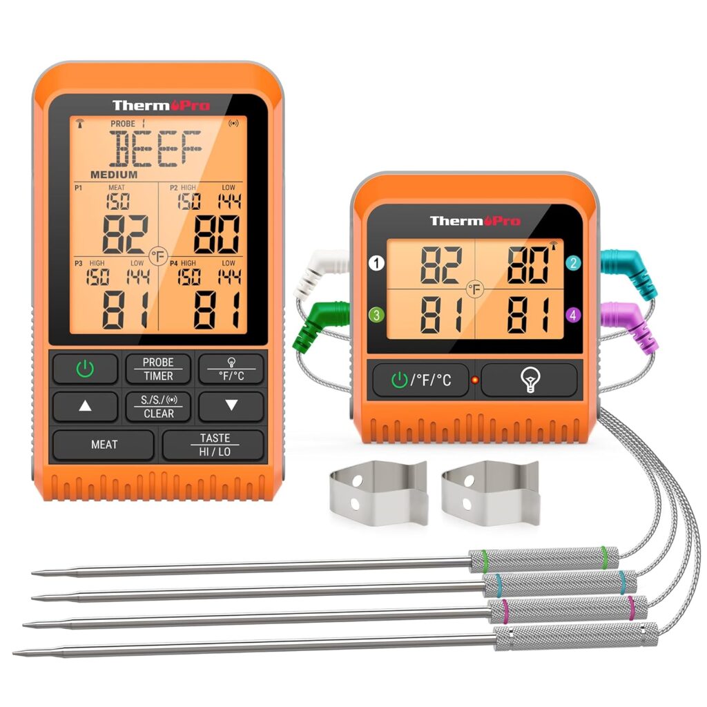 ThermoPro TP829 1000ft Wireless Meat Thermometer Digital for Grilling and Smoking, 4 Meat Probes Grill Thermometer for Outside Grill, BBQ Thermometer for Cooking Turkey Temperature Indicator