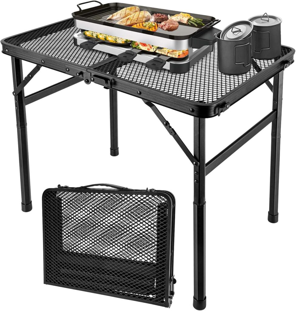 2x1.3 FT Folding Camping Table Foldable Grill Table for Outdoor BBQ, Metal Portable Camping Grill Stand with Mesh Desktop, Adjustable Height Lightweight BBQ Tables Black