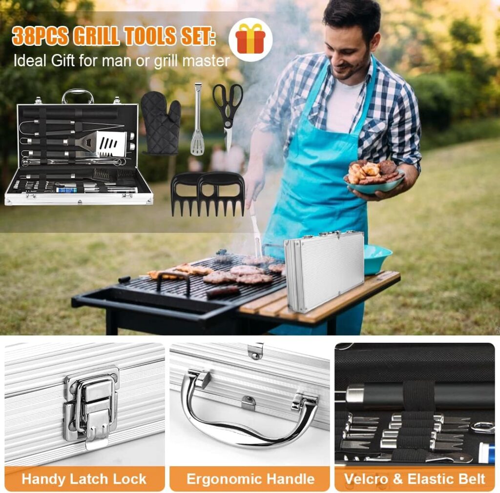 BBQ Grill Accessories Set, 38Pcs Stainless Steel Grill Tools Grilling Accessories with Aluminum Case, Thermometer, Grill Mats for Camping/Backyard Barbecue, Grill Set for Men Women