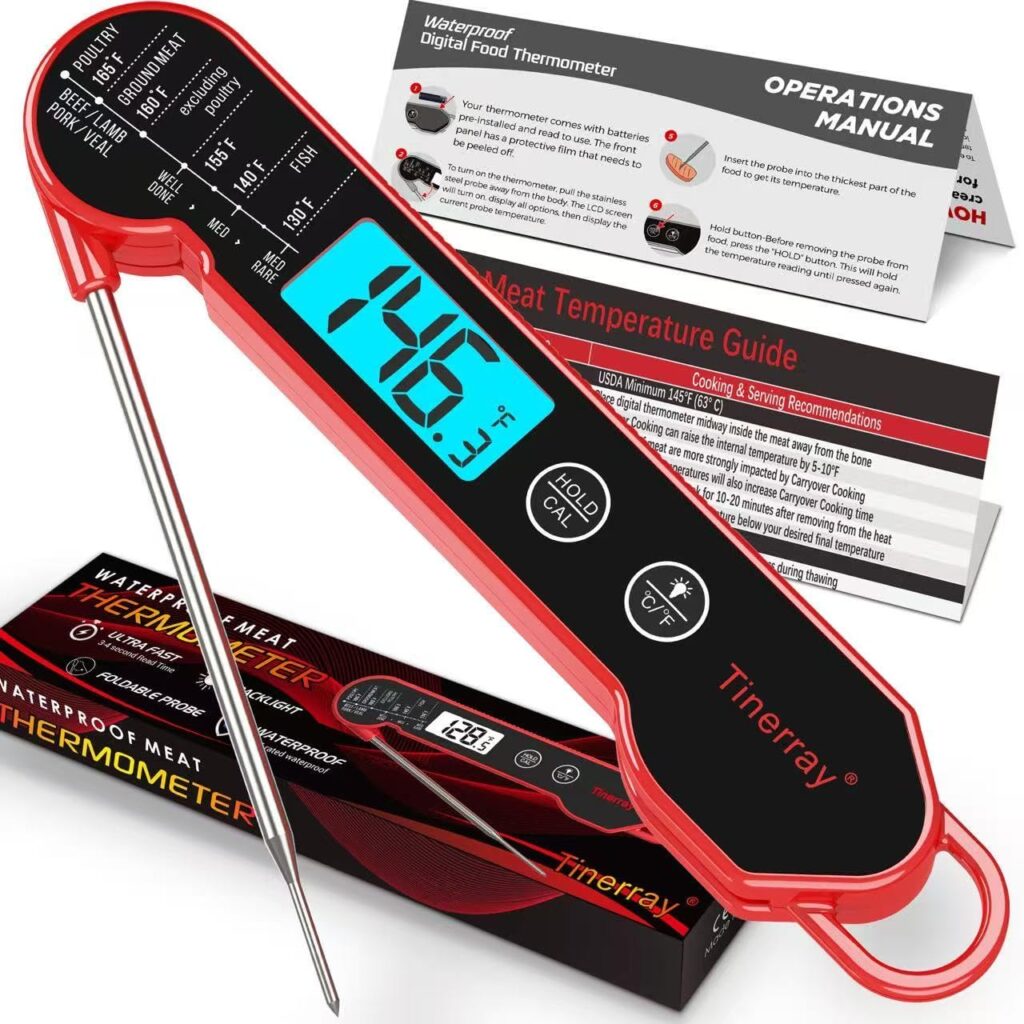 Digital Meat Thermometer for Cooking – Waterproof Instant Read Food Thermometer with Backlight  Calibration, Fast Read, Folding Probe for BBQ, Grill, Candy, Deep Fry, Kitchen, Liquids, Beef（Red）