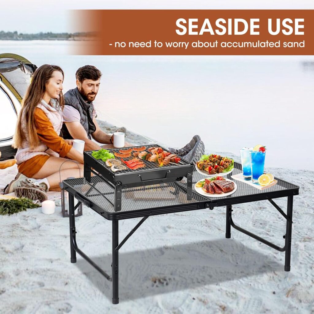 LALA IKAI 3x2 Ft Folding Grill Table, Adjustable Height Collapsible 2-Tier Iron Mesh Design Portable for Outdoor BBQ Cooking Camping Patio