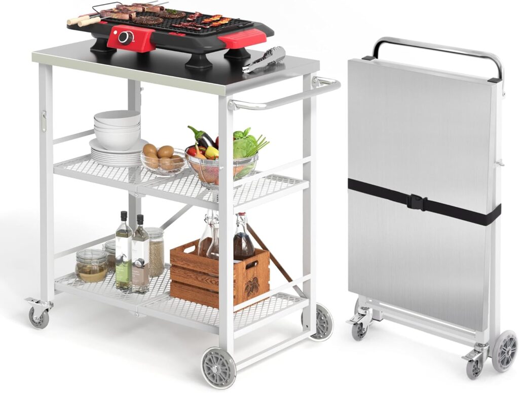 LUE BONA Foldable Outdoor Grill Table with 2 Total Lock Casters, Stainless Steel Pizza Oven Stand, Rolling BBQ Table and 3 Shelf Folding Kitchen Island, White LUE BONA Foldable Outdoor Grill Table with 2 Total Lock Casters, Stainless Steel Pizza Oven Stand, Rolling BBQ Table and 3 Shelf Folding Kitchen Island, White