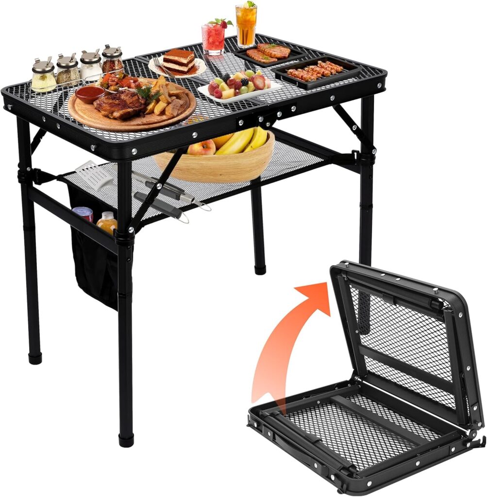 QuliMetal Small Portable Folding Grill Table with Adjustable Height  Mesh Desktop, Lightweight Camping Table – Perfect for BBQ, Picnic, Beach,  Indoor Use – Compact, Durable  Easy to Carry, Black