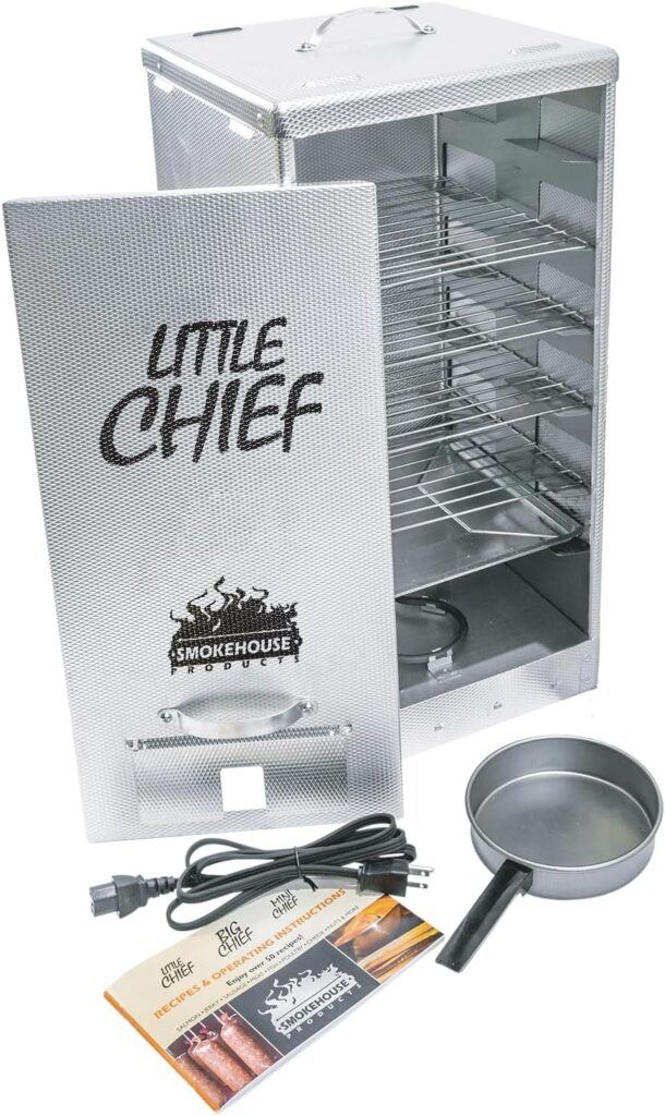 Smokehouse Little Chief Front Load Smoker, Low to Mid Temperature Smoker for Fish, Jerky, Cheese, Sausage  Other meats, Smoke Up to 25 Pounds of Meat  Fish