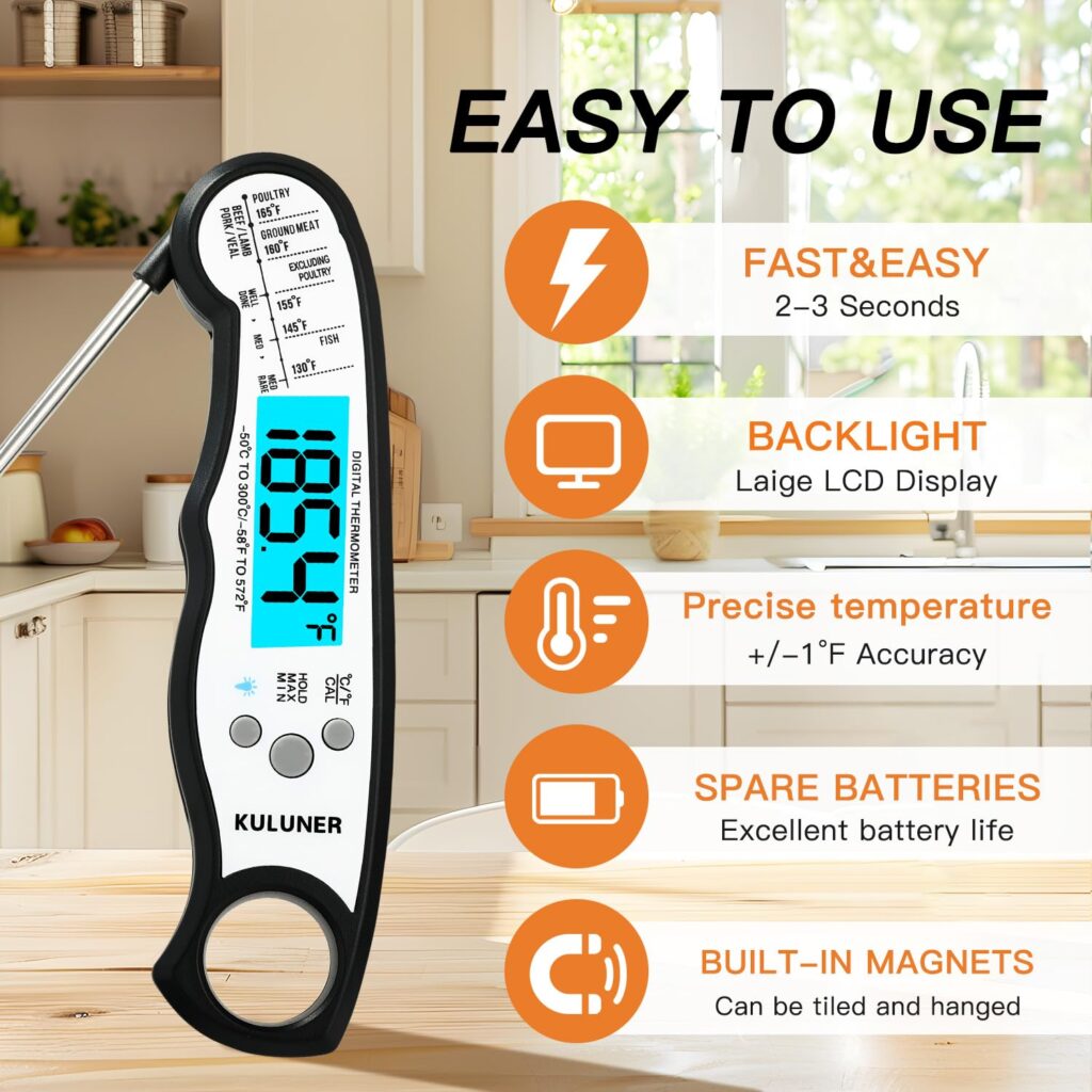 TP-01 Waterproof Digital Instant Read Meat Thermometer with 4.6 Folding Probe Backlight Calibration Function for Cooking Food Candy, BBQ Grill, Liquids,Beef(Black)